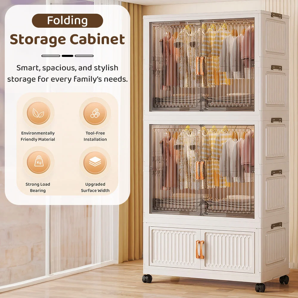 StarAndDaisy Plastic Wardrobe for Cloths with Wheels, Portable Storage Cubes with Handles, 1 Wardrobe & 2 Folding Box – White Transparent 2) - Image 2