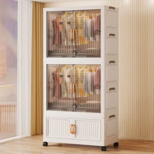 StarAndDaisy Plastic Wardrobe for Cloths with Wheels, Portable Storage Cubes with Handles, 1 Wardrobe & 2 Folding Box – White Transparent 2)