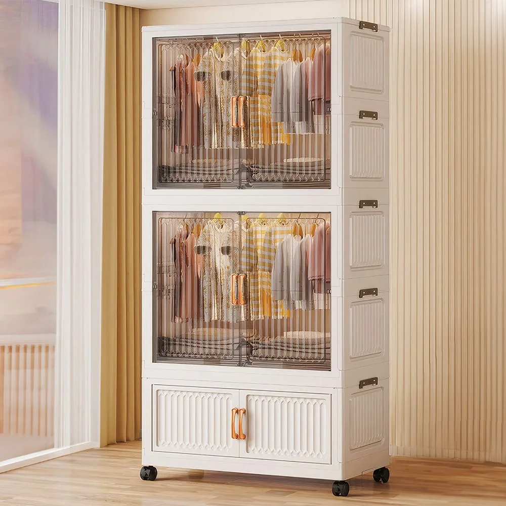 StarAndDaisy Plastic Wardrobe for Cloths with Wheels, Portable Storage Cubes with Handles, 1 Wardrobe & 2 Folding Box – White Transparent 2)